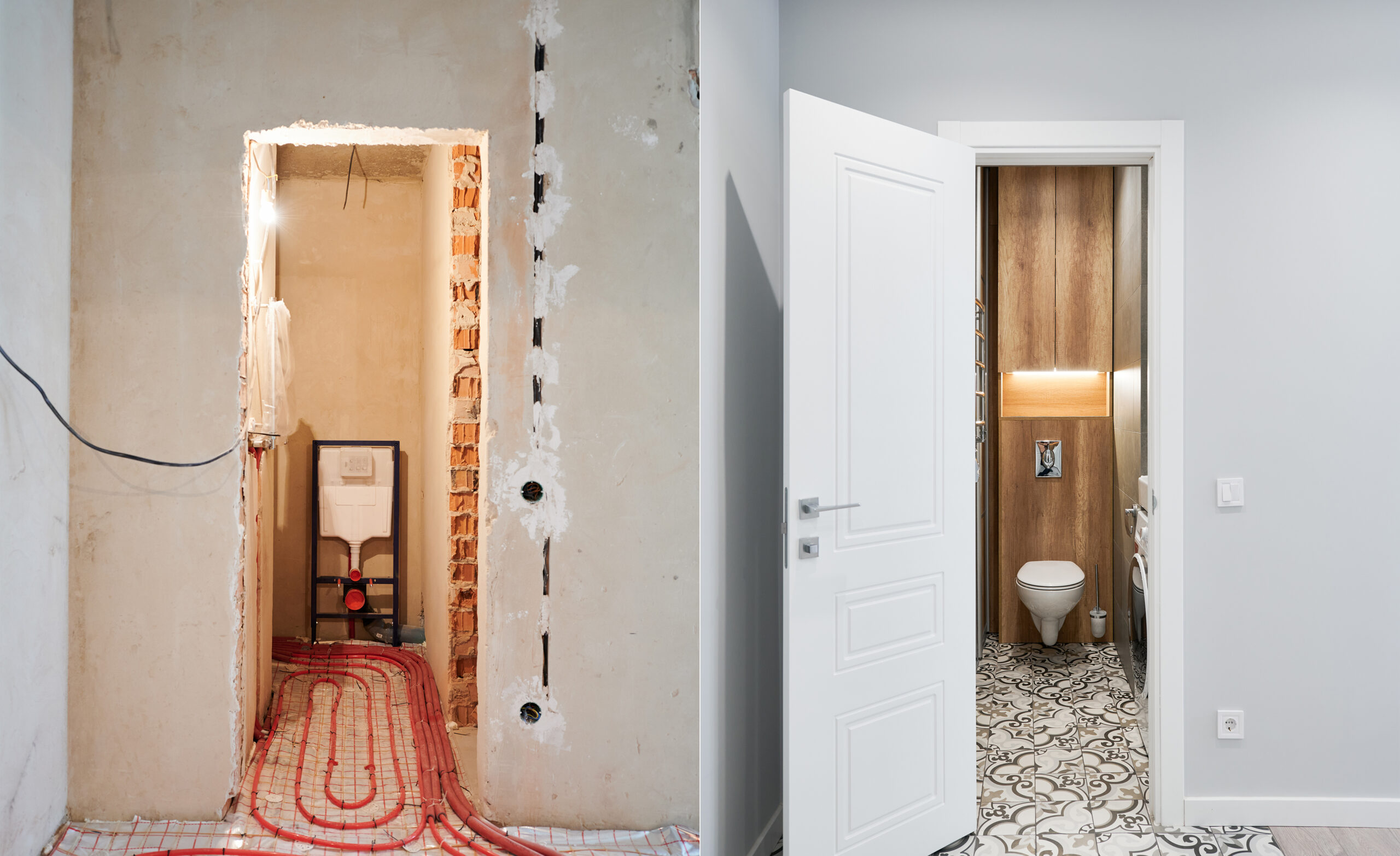 Voor- en na-foto van toiletverbouwing met houten wandpanelen en vloerverwarming door JRC Afbouw.