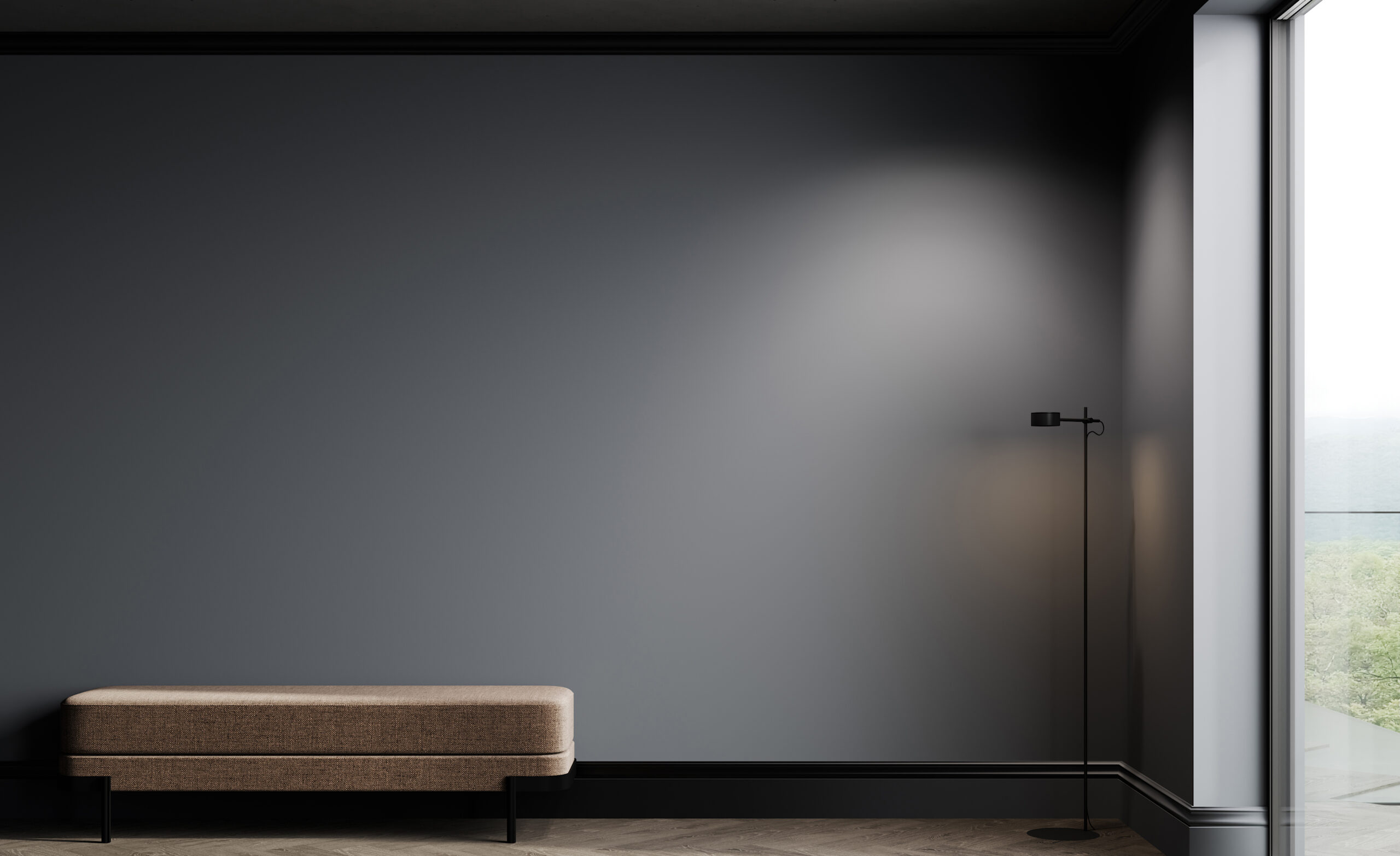 Strakke, donkergrijze muurafwerking door JRC Afbouw in een modern interieur met natuurlijke lichtinval en een stijlvolle minimalistische inrichting